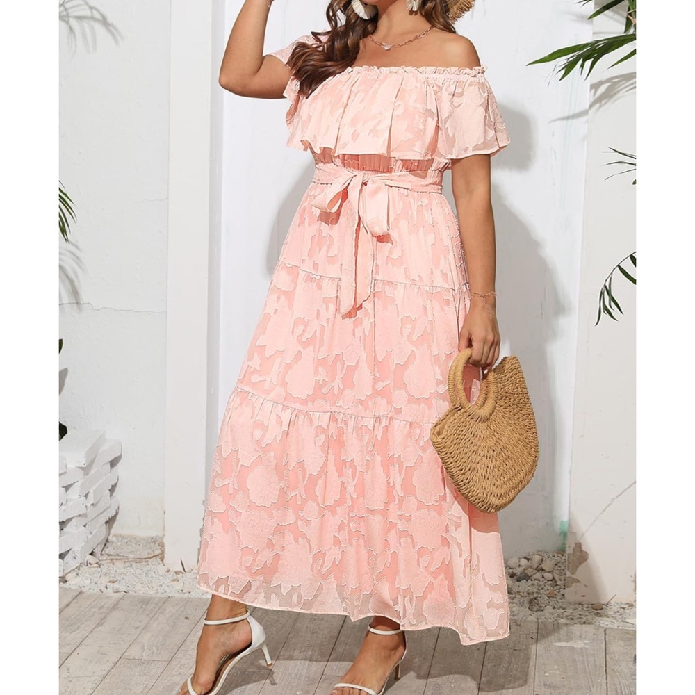 Pink Off-Shoulder Maxi Dress with Belt